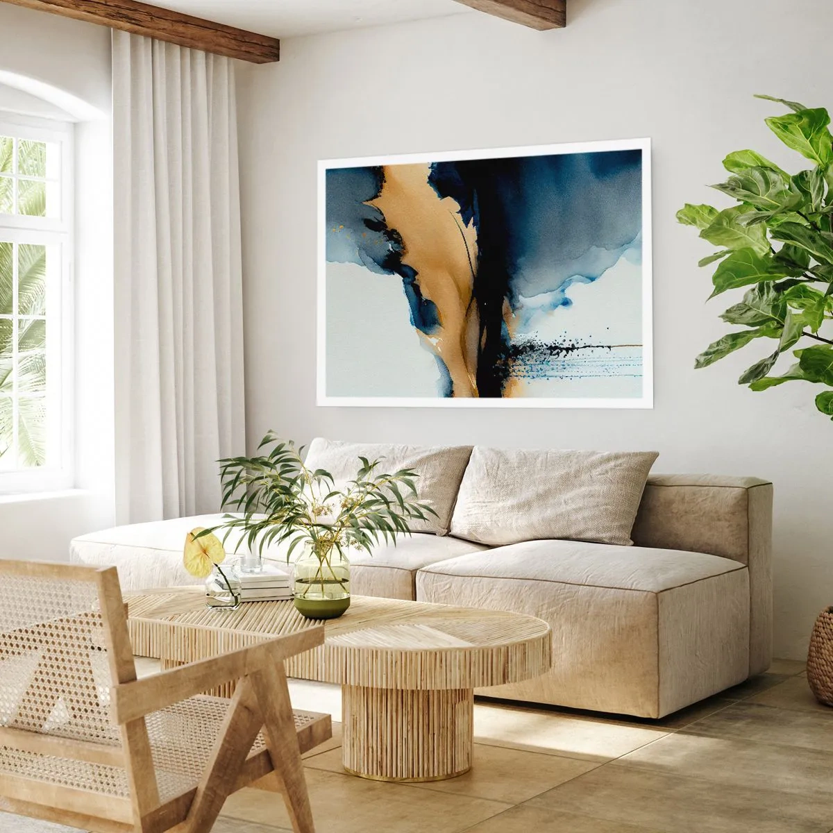 Affiche - Poster - Une composition abstraite dans les tons bleu marine et or - 100x70cm - Derrière le rideau - Décoration murale moderne pour le salon et la chambre ARTTOR