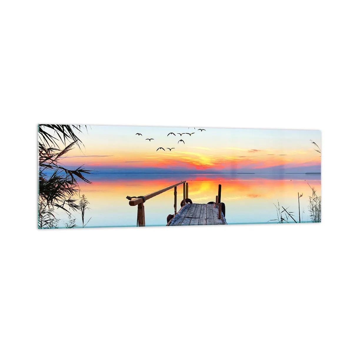 Impression sur verre - Image sur verre - Jetée en bois sur le lac au coucher du soleil - 160x50cm - Il est temps de rentrer... - Décoration murale moderne pour le salon et la chambre ARTTOR