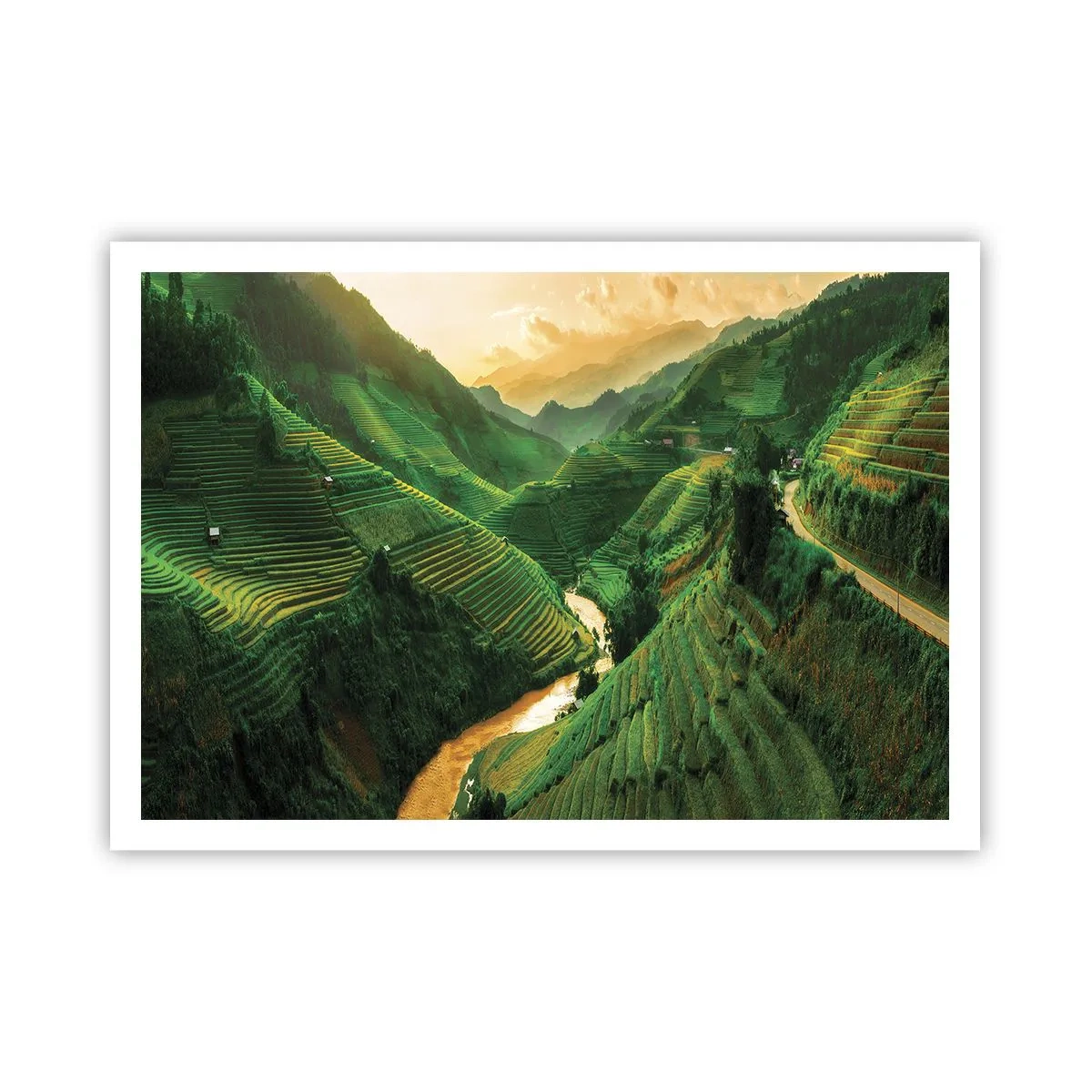 Affiche - Poster - Rizières en terrasses pittoresques dans une vallée verdoyante illuminée par le soleil couchant - 100x70cm - Vallée vietnamienne - Décoration murale moderne pour le salon et la chambre ARTTOR