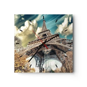 Horloge murale - Pendule murale - La Tour Eiffel vue d'en bas dans un décor automnal - 30x30cm - Et en automne à Paris... - Décoration murale moderne pour le salon et la chambre ARTTOR