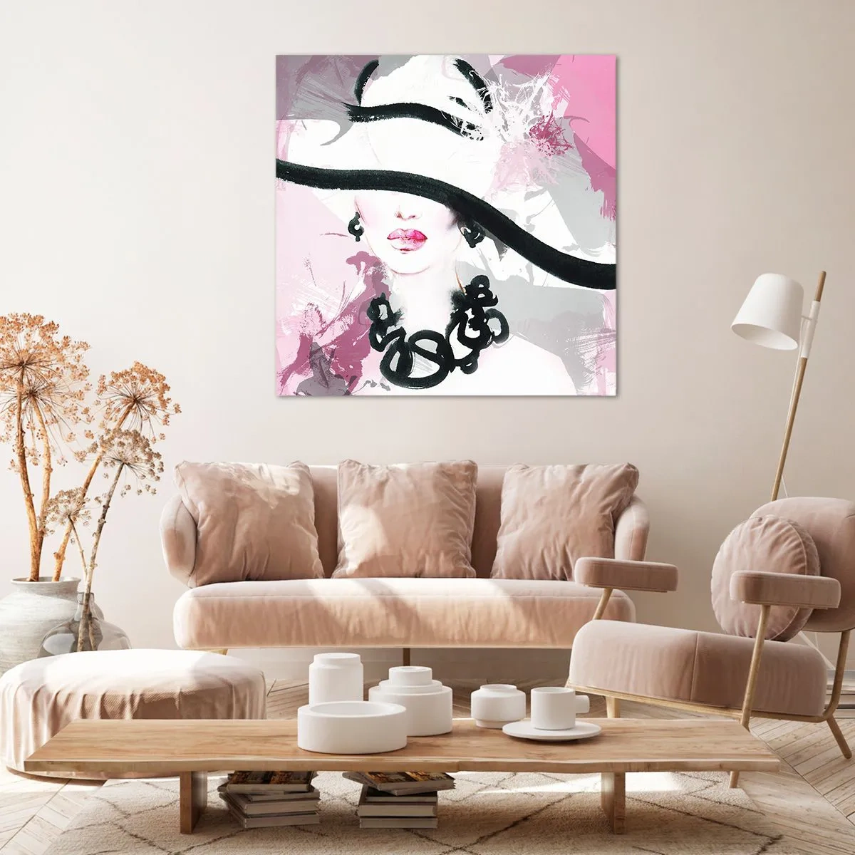 Impression sur toile - Image sur toile - Portrait d'une dame en noir et rose - 60x60 cm