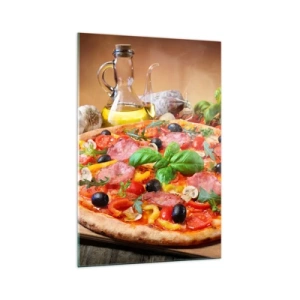 Impression sur verre - Image sur verre - Pizza appétissante sur une table en bois avec garnitures - 70x100cm - Avec une vraie saveur italienne - Décoration murale moderne pour le salon et la chambre ARTTOR