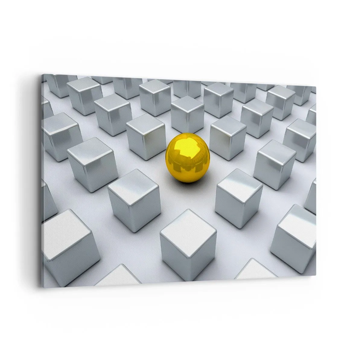 Impression sur toile - Image sur toile - Une sphère dorée se détachant parmi les cubes d'argent - 120x80cm - Pourquoi moi? Composition géométrique - Décoration murale moderne pour le salon et la chambre ARTTOR