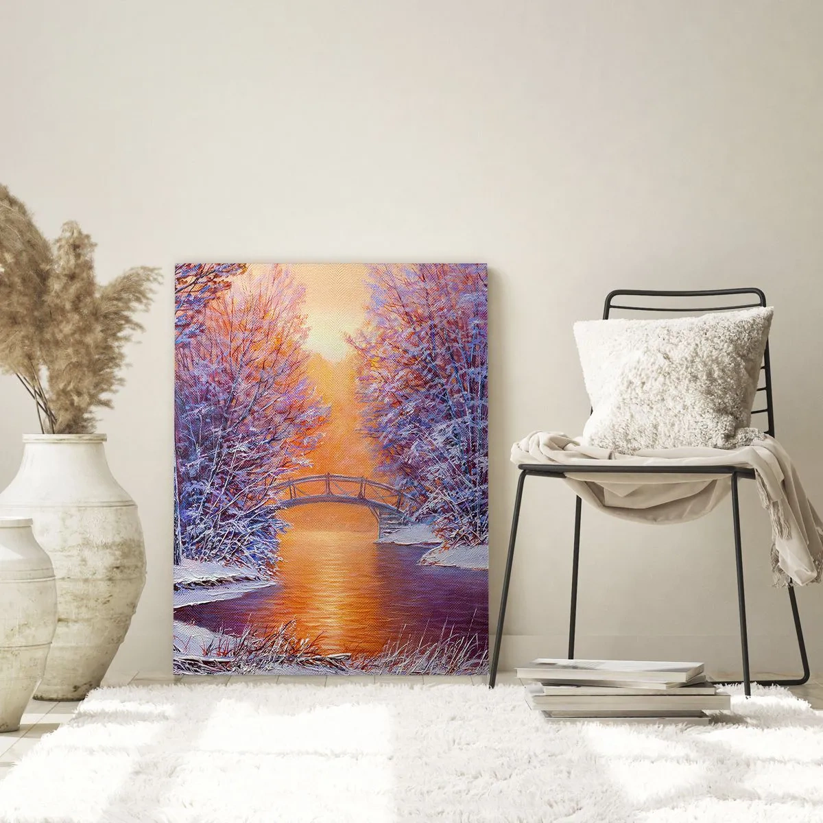 Impression sur verre - Image sur verre - Paysage d'hiver avec un pont et un coucher de soleil - 70x100cm - On se rencontre ici - Décoration murale moderne pour le salon et la chambre ARTTOR
