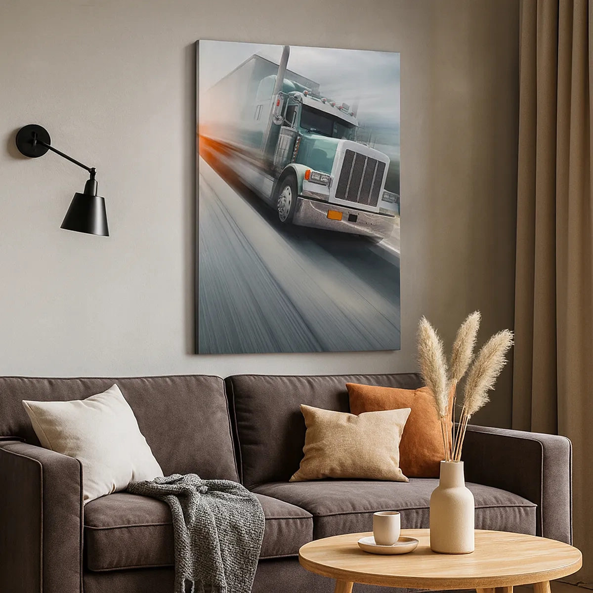 Impression sur toile - Image sur toile - Un camion sur l'autoroute en mouvement au coucher du soleil - 50x70cm - Le géant américain est en fuite - Décoration murale moderne pour le salon et la chambre ARTTOR