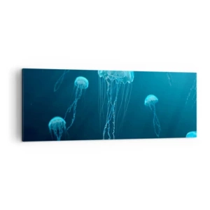 Impression sur toile - Image sur toile - Méduses flottant dans les profondeurs de l'océan dans des tons bleus - 140x50cm - Danse océanique - Décoration murale moderne pour le salon et la chambre ARTTOR