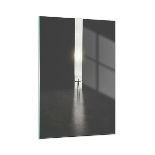Impression sur verre - Image sur verre - Silhouette d'un homme ouvrant une porte sur une lumière vive - 50x70cm - Étape vers un avenir radieux - Décoration murale moderne pour le salon et la chambre ARTTOR
