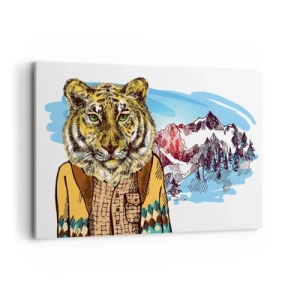 Impression sur toile - Image sur toile - Un tigre dans un manteau sur un paysage de montagne - 120x80cm - Pas aussi sauvage qu'ils le décrivent - Décoration murale moderne pour le salon et la chambre ARTTOR