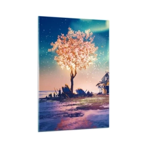 Impression sur verre - Image sur verre - Une maison et un arbre en fleurs sous le ciel nocturne - 70x100cm - La nature ne passe pas - Décoration murale moderne pour le salon et la chambre ARTTOR