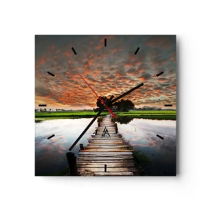 Horloge murale - Pendule murale - Pont en bois sur l'eau au coucher du soleil - 30x30cm - Étendez vos bras - respirez - Décoration murale moderne pour le salon et la chambre ARTTOR