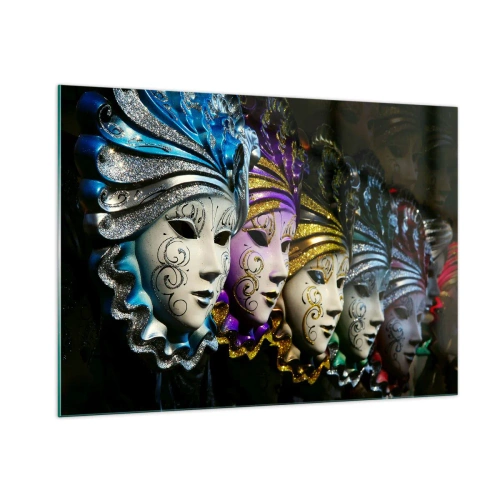 Impression sur verre - Image sur verre - Masques vénitiens colorés en rangée - 100x70cm - Mystère en or et argent - Décoration murale moderne pour le salon et la chambre ARTTOR