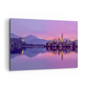 Impression sur toile - Image sur toile - Lac avec une île et une église au coucher du soleil - 100x70cm - Une île de conte de fées au crépuscule - Décoration murale moderne pour le salon et la chambre ARTTOR