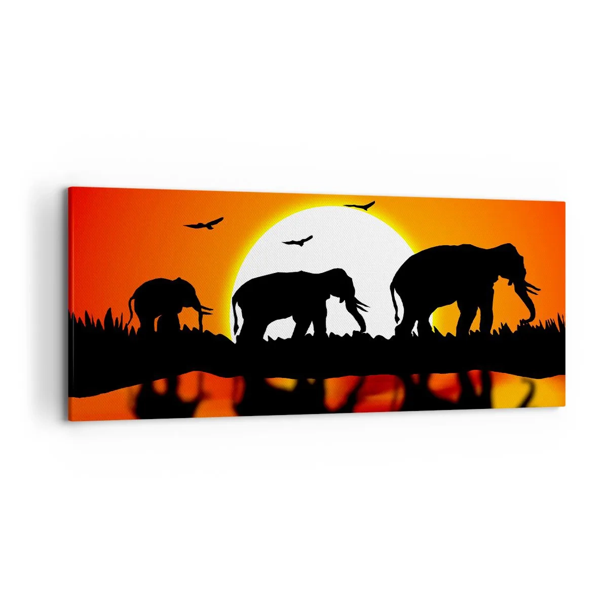 Impression sur toile - Image sur toile - Silhouettes d'éléphants au coucher du soleil sur l'eau avec reflet - 120x50cm - Et le soir pour un petit verre - Décoration murale moderne pour le salon et la chambre ARTTOR