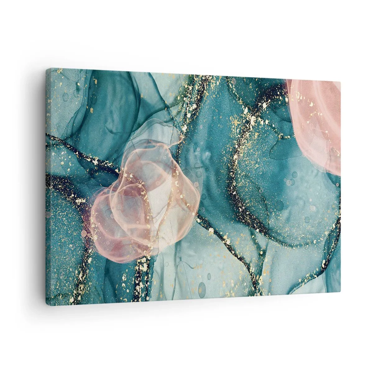 Impression sur toile - Image sur toile - Une composition abstraite dans des tons turquoise et or. - 70x50cm - Soie bleu, tulle rose - Décoration murale moderne pour le salon et la chambre ARTTOR