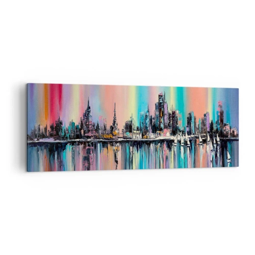 Impression sur toile - Image sur toile - Paysage urbain coloré avec reflet sur l'eau - 140x50cm - Noyé par la lumière de la nuit - Décoration murale moderne pour le salon et la chambre ARTTOR
