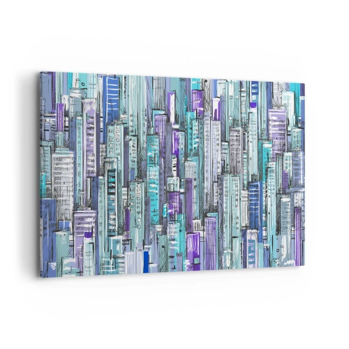 Impression sur toile - Image sur toile - Illustration d'une ville avec des bâtiments géométriques dans des tons de bleu et de violet. - 100x70cm - Bleuâtre avec le ciel - Décoration murale moderne pour le salon et la chambre ARTTOR