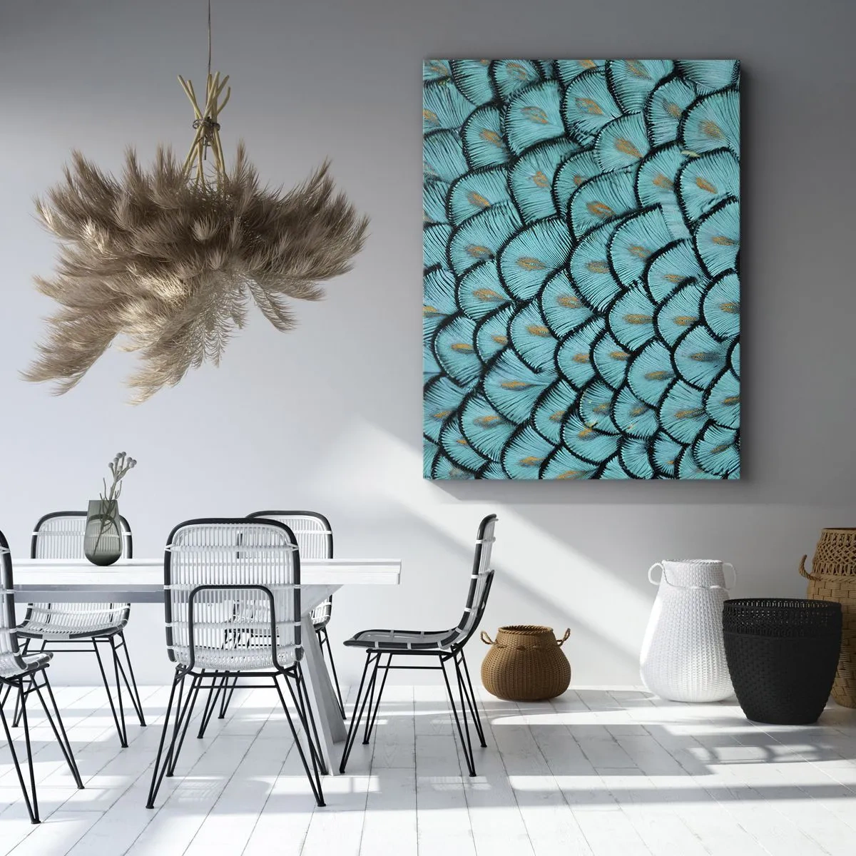 Impression sur toile - Image sur toile - Un motif ressemblant à des écailles turquoise avec des accents dorés - 50x70cm - Le grand gala des plumes - Décoration murale moderne pour le salon et la chambre ARTTOR