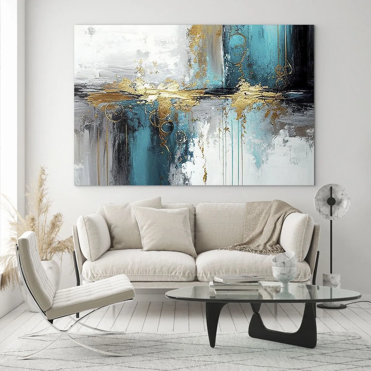 Impression sur verre - Image sur verre - Abstraction avec turquoise et or sur fond blanc - 100x70cm - Tout coule - Décoration murale moderne pour le salon et la chambre ARTTOR