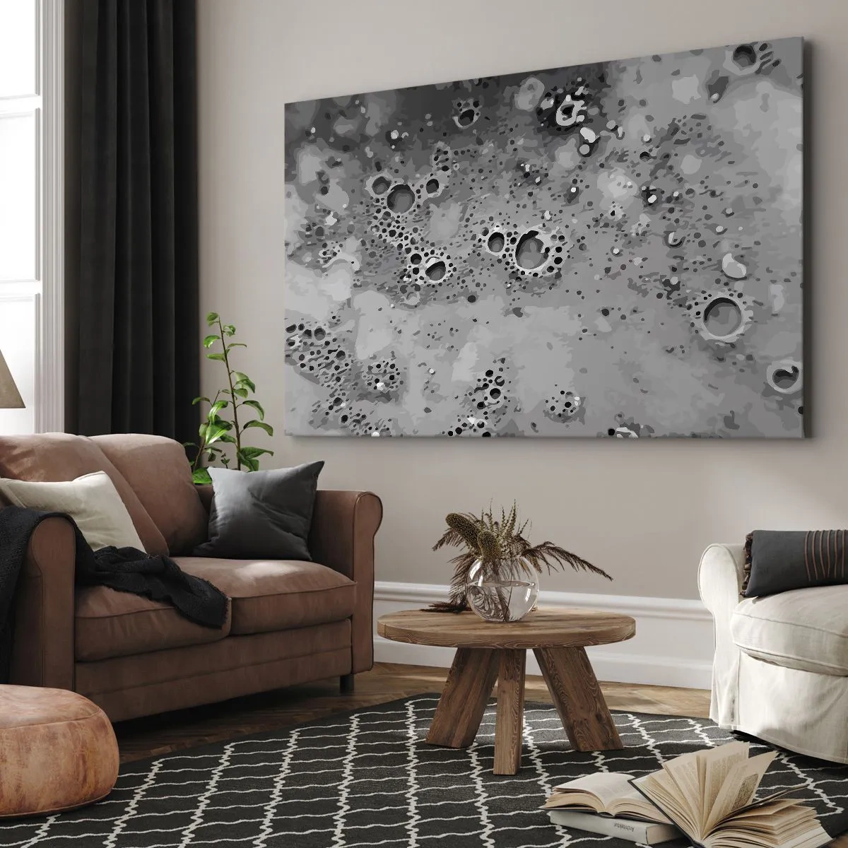 Impression sur toile - Image sur toile - Motif de bulles abstrait noir et blanc - 70x50cm - Comme un paysage lunaire - Décoration murale moderne pour le salon et la chambre ARTTOR