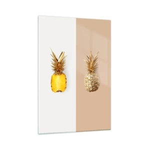Impression sur verre - Image sur verre - La moitié d'un ananas frais et doré sur un fond contrasté - 70x100cm - Ananas pour nous - Décoration murale moderne pour le salon et la chambre ARTTOR