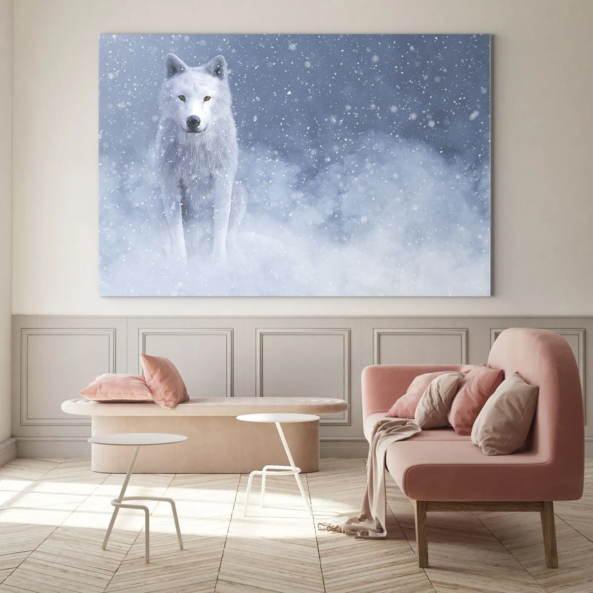 Impression sur verre - Image sur verre - Un loup blanc dans une tempête de neige regardant droit devant lui - 100x70cm - Dans une âme d'hiver - Décoration murale moderne pour le salon et la chambre ARTTOR