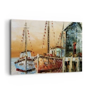 Impression sur toile - Image sur toile - Bateaux sur le rivage dans la chaude lumière du coucher de soleil - 100x70cm - Retour tranquille - Décoration murale moderne pour le salon et la chambre ARTTOR