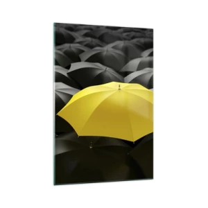 Impression sur verre - Image sur verre - Un parapluie jaune parmi des parapluies noirs - 70x100cm - Adieu chagrin - Décoration murale moderne pour le salon et la chambre ARTTOR