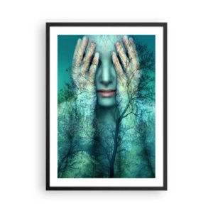 Affiche dans un cadre noir - Poster - Un visage de femme avec un paysage forestier dans un style de double exposition. - 50x70cm - immergé dans l'azur - Décoration murale moderne pour le salon et la chambre ARTTOR
