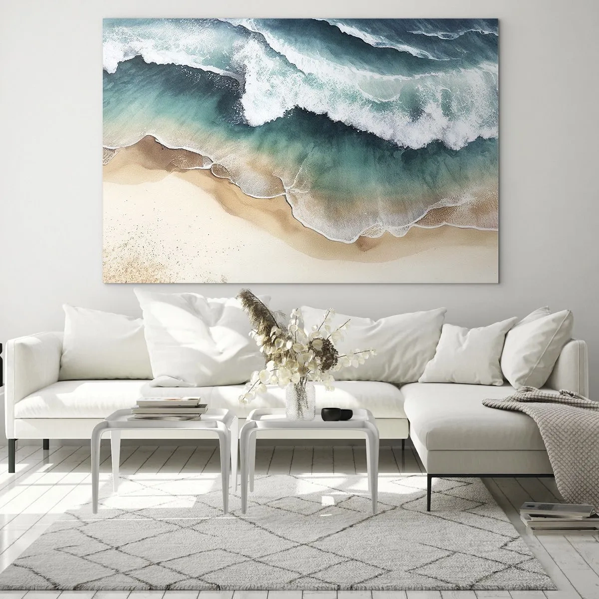 Impression sur verre - Image sur verre - Les vagues de l'océan s'écrasent sur une plage de sable doré - 120x80cm - La rencontre éternelle - Décoration murale moderne pour le salon et la chambre ARTTOR
