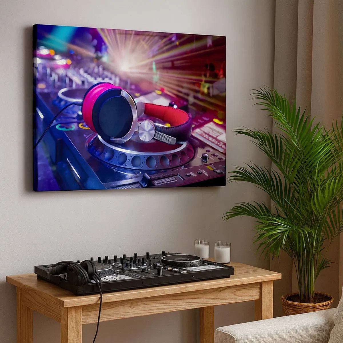 Impression sur toile - Image sur toile - Casque DJ sur une console éclairée par des projecteurs lors d'une fête - 70x50cm - Il va s'en passer des choses - Décoration murale moderne pour le salon et la chambre ARTTOR