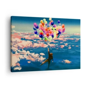 Impression sur toile - Image sur toile - Une silhouette flottant au-dessus des nuages avec des ballons colorés - 70x50cm - Un rêve d'enfant devenu réalité - Décoration murale moderne pour le salon et la chambre ARTTOR