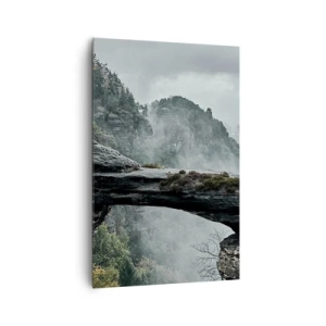 Impression sur toile - Image sur toile - Une arche de pierre entourée de montagnes brumeuses et de forêts - 80x120cm - L'aventure est sur le point de commencer - Décoration murale moderne pour le salon et la chambre ARTTOR