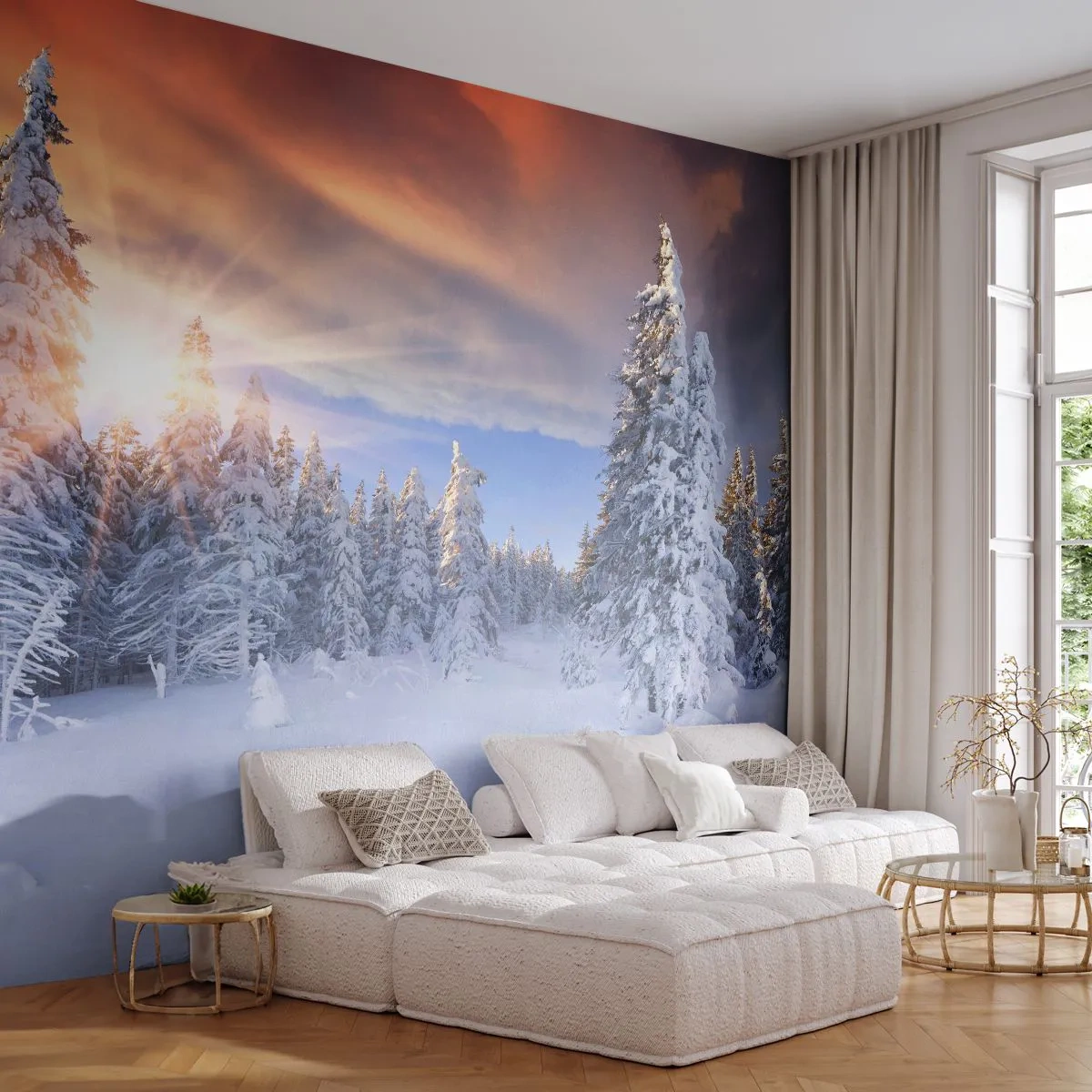 Papier Peint Autocollant Deluxe Sticker - Un spectacle enneigé de la nature - Paysage, Forêt, Hiver - 250x175 cm