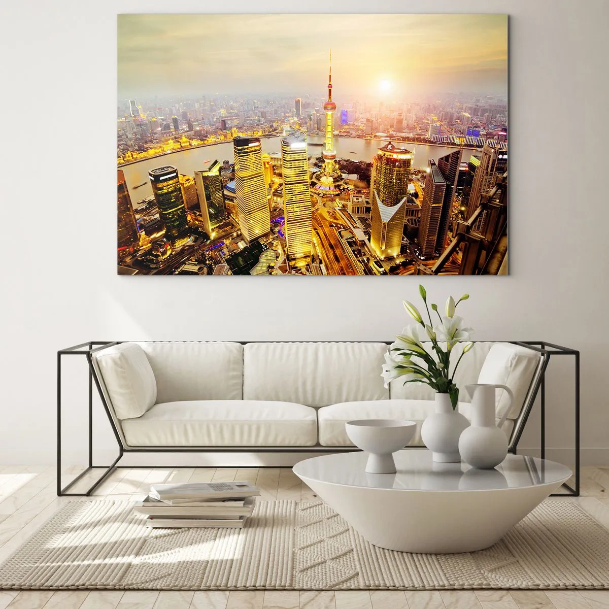 Impression sur verre - Image sur verre - Panorama de la ville au coucher du soleil avec des gratte-ciels - 120x80cm - Rêve asiatique - Décoration murale moderne pour le salon et la chambre ARTTOR