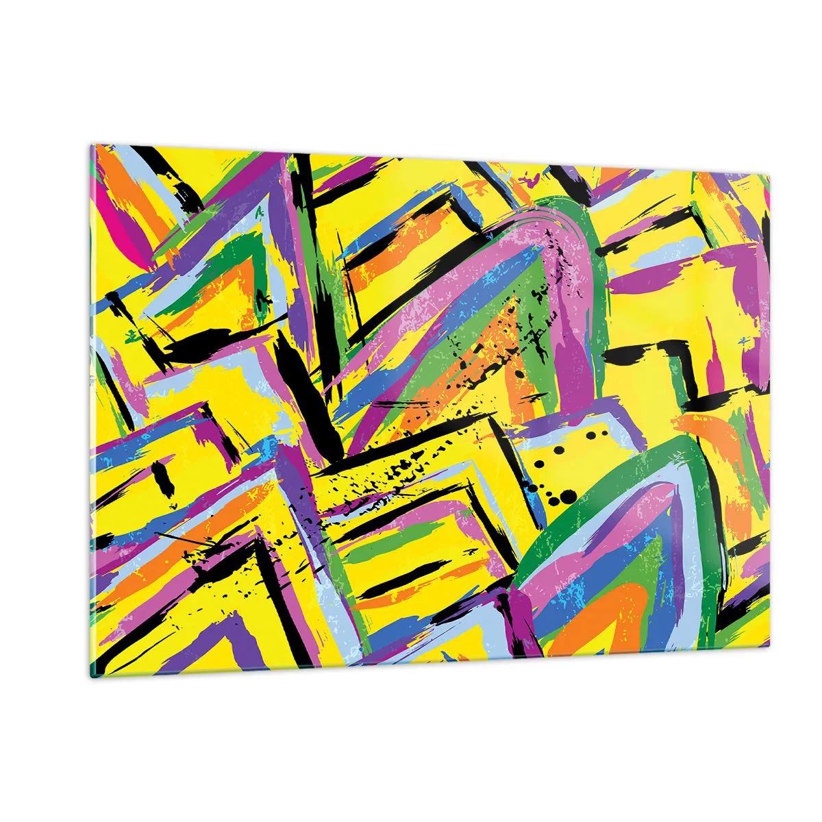 Impression sur verre - Image sur verre - Abstraction intense aux couleurs vives sur fond jaune - 120x80cm - Jusqu'à ce qu'il crie de joie - Décoration murale moderne pour le salon et la chambre ARTTOR