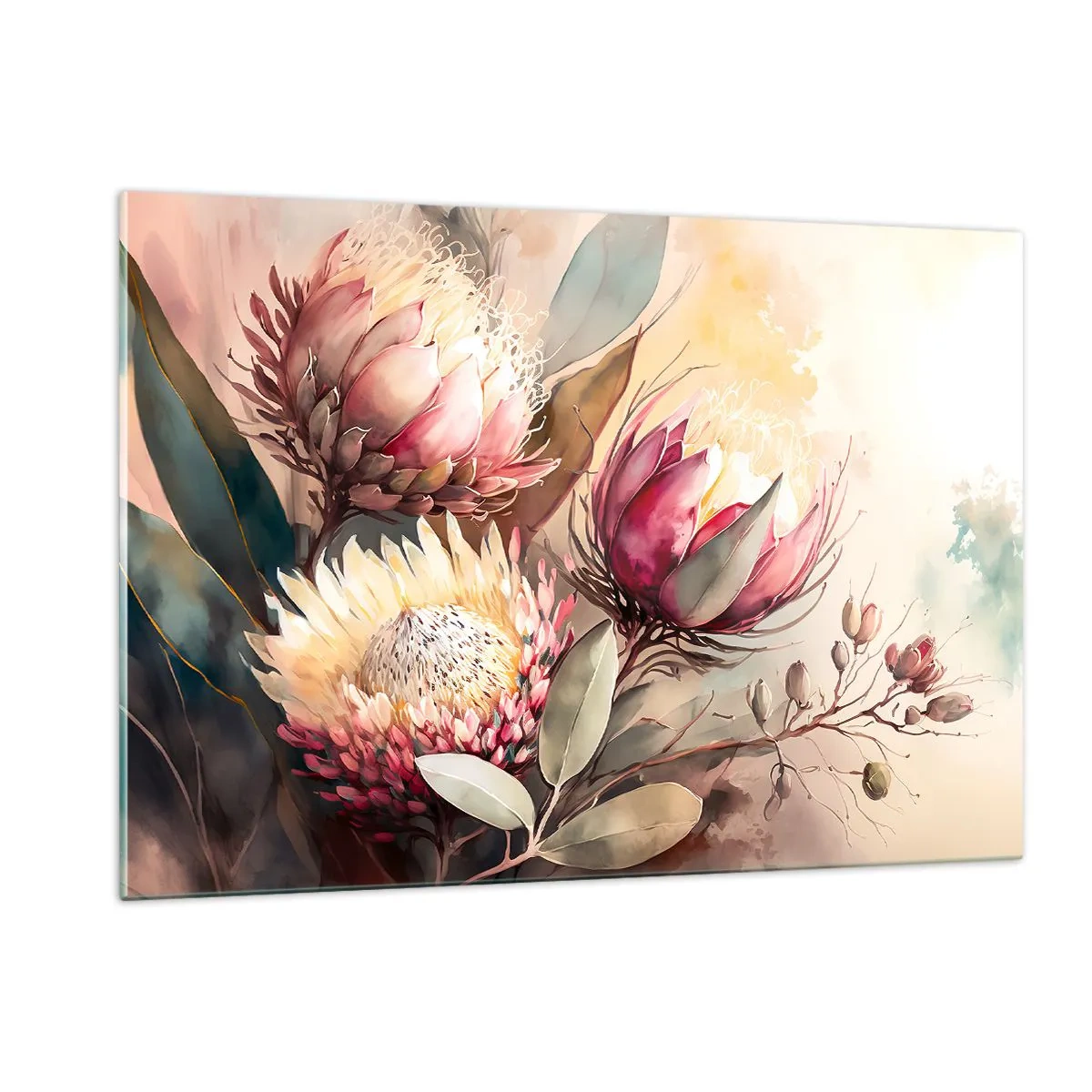 Impression sur verre - Image sur verre - Fleurs de Protea aux couleurs pastel sur un fond artistique - 120x80cm - De profil et de face - Décoration murale moderne pour le salon et la chambre ARTTOR
