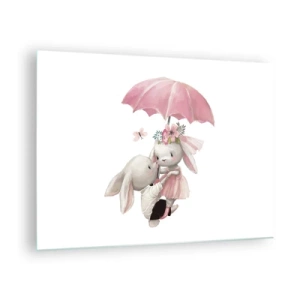 Impression sur verre - Image sur verre - Deux lapins sous un parapluie rose dans une scène romantique - 70x50cm - C'est ça l'amour - Décoration murale moderne pour le salon et la chambre ARTTOR