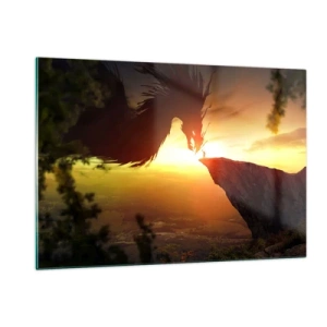 Impression sur verre - Image sur verre - Un dragon dans la lueur du soleil couchant au-dessus d'une falaise - 120x80cm - Chasseur de dragon - Décoration murale moderne pour le salon et la chambre ARTTOR