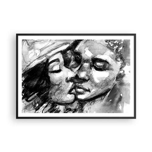 Affiche dans un cadre noir - Poster - Une aquarelle en noir et blanc représentant un moment intime entre deux personnes. - 100x70cm - Un moment tendre - Décoration murale moderne pour le salon et la chambre ARTTOR