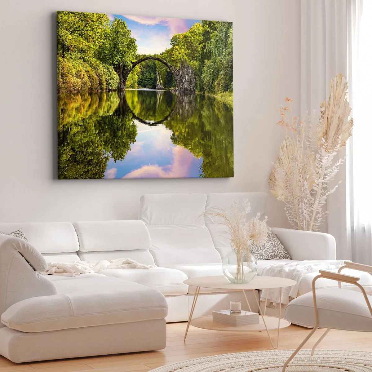 Impression sur toile - Image sur toile - Un pont de pierre sur une rivière avec un reflet parfait dans l'eau - 70x50cm - À la jonction de deux mondes - Décoration murale moderne pour le salon et la chambre ARTTOR