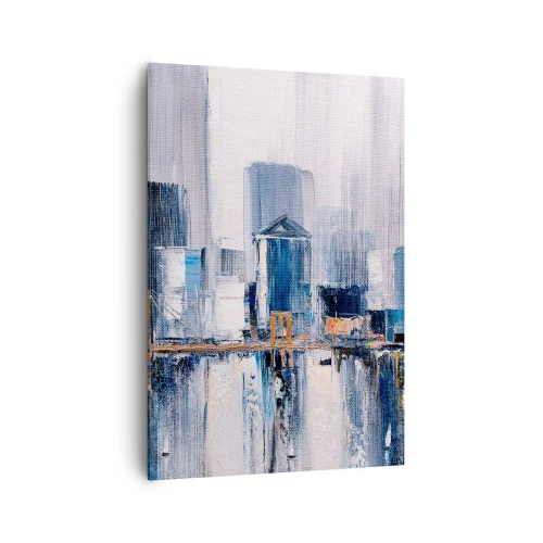 Impression sur toile - Image sur toile - Panorama urbain abstrait avec des nuances de bleu et de jaune - 70x100cm - Impression new-yorkaise - Décoration murale moderne pour le salon et la chambre ARTTOR