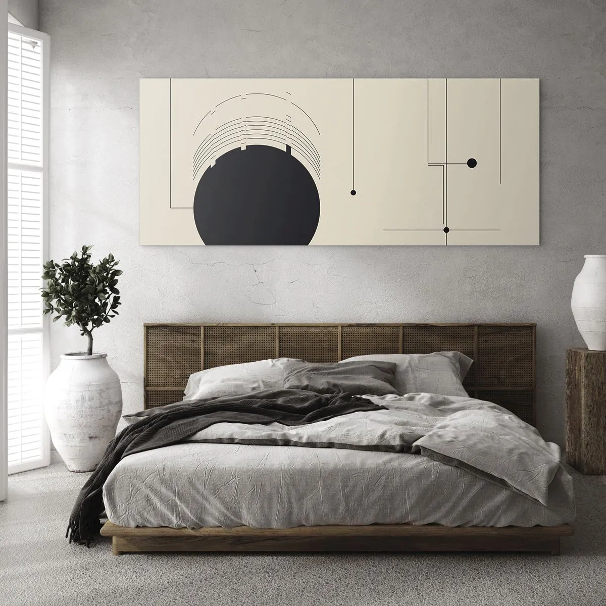 Impression sur verre - Image sur verre - Lignes géométriques noires et un cercle sur fond beige - 120x50cm - Une composition flexible et dynamique - Décoration murale moderne pour le salon et la chambre ARTTOR