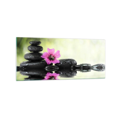 Impression sur verre - Image sur verre - Des pierres zen et une fleur rose se reflétant dans l'eau - 120x50cm - Temps pour l'âme - Décoration murale moderne pour le salon et la chambre ARTTOR