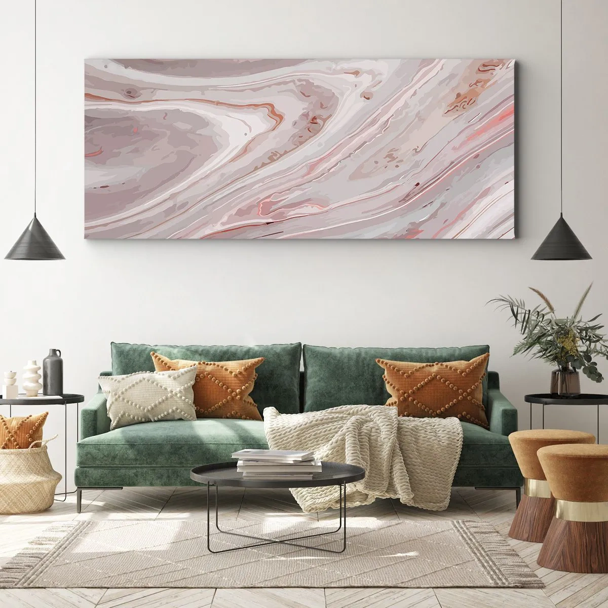 Impression sur toile - Image sur toile - Vagues abstraites dans des tons délicats de rose et de beige - 140x50cm - Rose liquide - Décoration murale moderne pour le salon et la chambre ARTTOR
