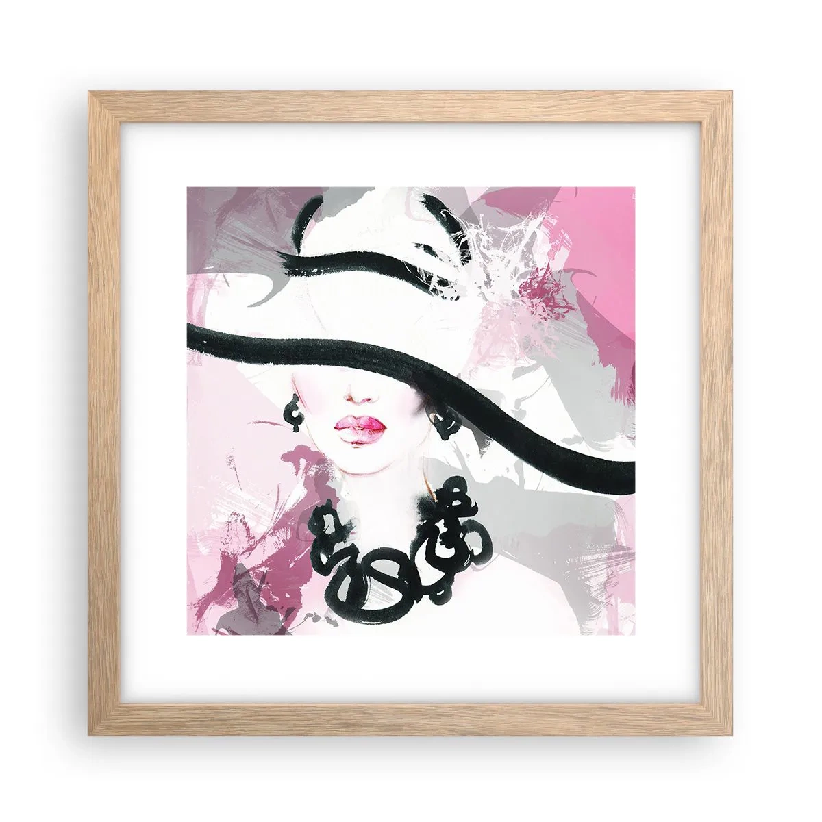 Affiche dans un chêne clair - Poster - Portrait d'une dame en noir et rose - 30x30 cm