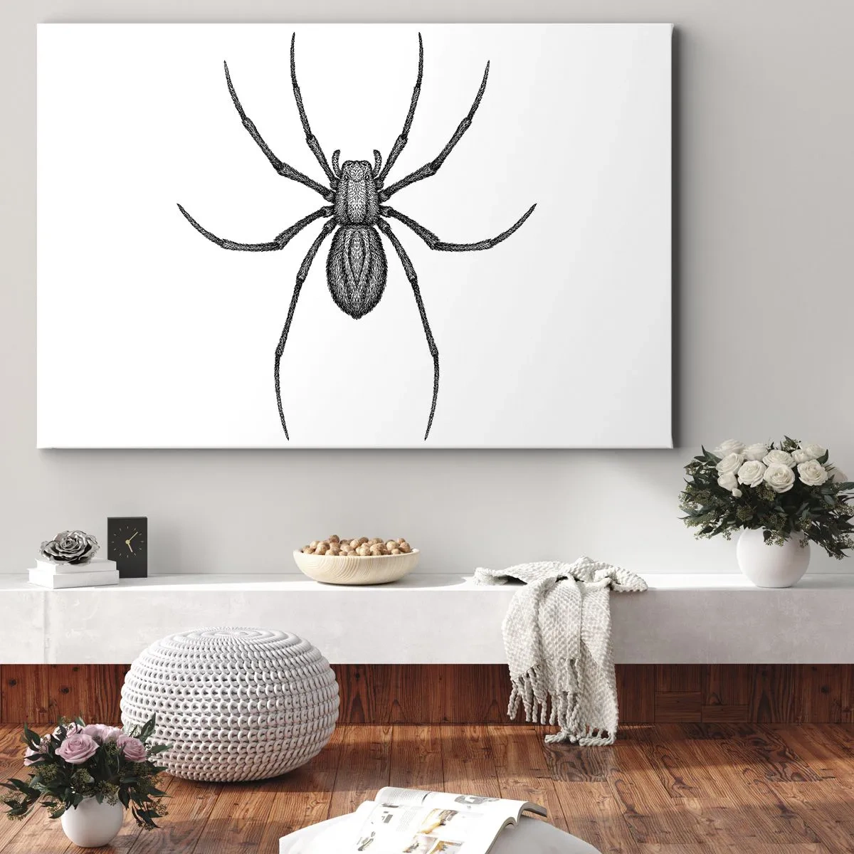 Impression sur toile - Image sur toile - Détail d'une araignée sur fond blanc dans un style dessin animé - 70x50cm - Une précision troublante - Décoration murale moderne pour le salon et la chambre ARTTOR
