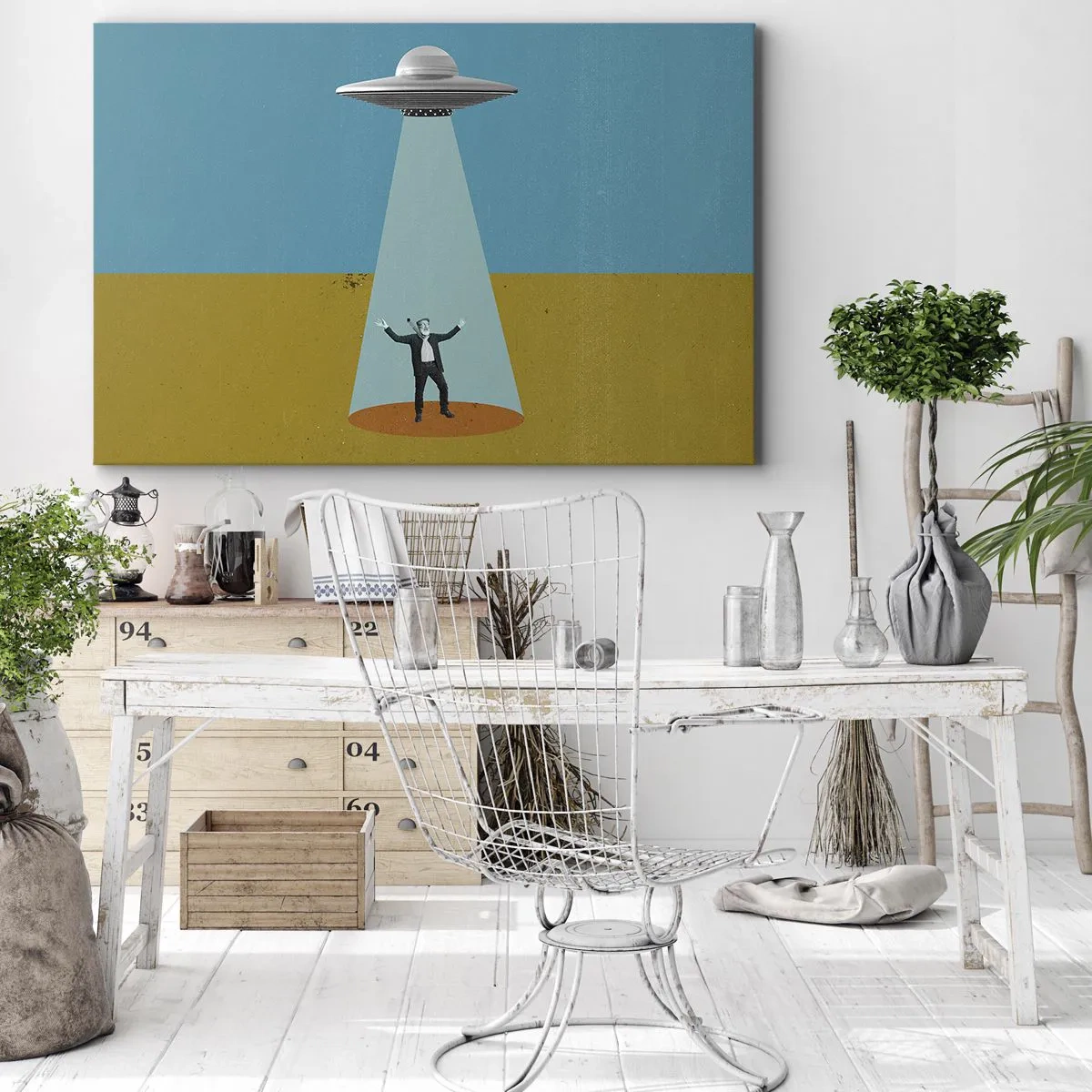 Impression sur toile - Image sur toile - Un homme à la lumière d'un OVNI sur fond de paysage coloré - 70x50cm - Rencontre proche - Décoration murale moderne pour le salon et la chambre ARTTOR