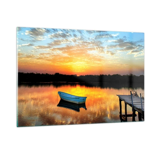 Impression sur verre - Image sur verre - Un bateau sur un lac calme sous les rayons du soleil couchant - 120x80cm - Regardez, écoutez, méditez - Décoration murale moderne pour le salon et la chambre ARTTOR