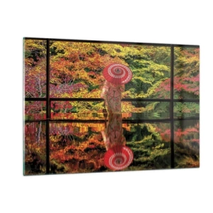 Impression sur verre - Image sur verre - Une femme en kimono avec un parapluie sur fond de paysage d'automne, reflété dans l'eau. - 120x80cm - Dans le temple de la nature - Décoration murale moderne pour le salon et la chambre ARTTOR