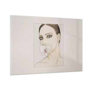 Impression sur verre - Image sur verre - Portrait d'une femme avec une orchidée dans la bouche sur un fond clair - 100x70cm - Symbole de l'élégance et de la beauté - Décoration murale moderne pour le salon et la chambre ARTTOR
